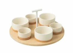 Aperoset 29x29cm - keramiek & bamboe - wit & naturel- Hapjes