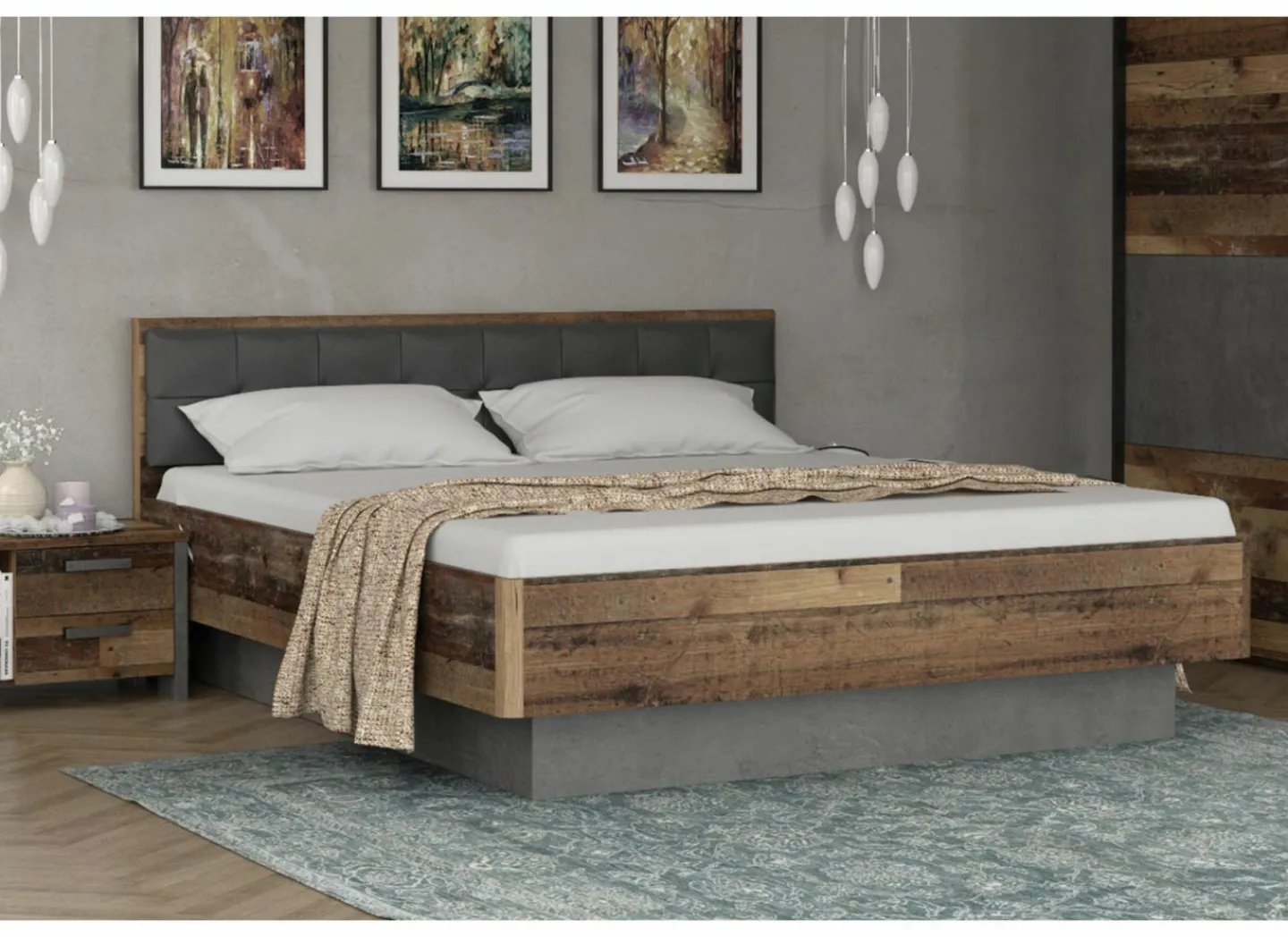 Bed Clif 160x200cm - decor - old wood & beton- Tweepersoonsbedden