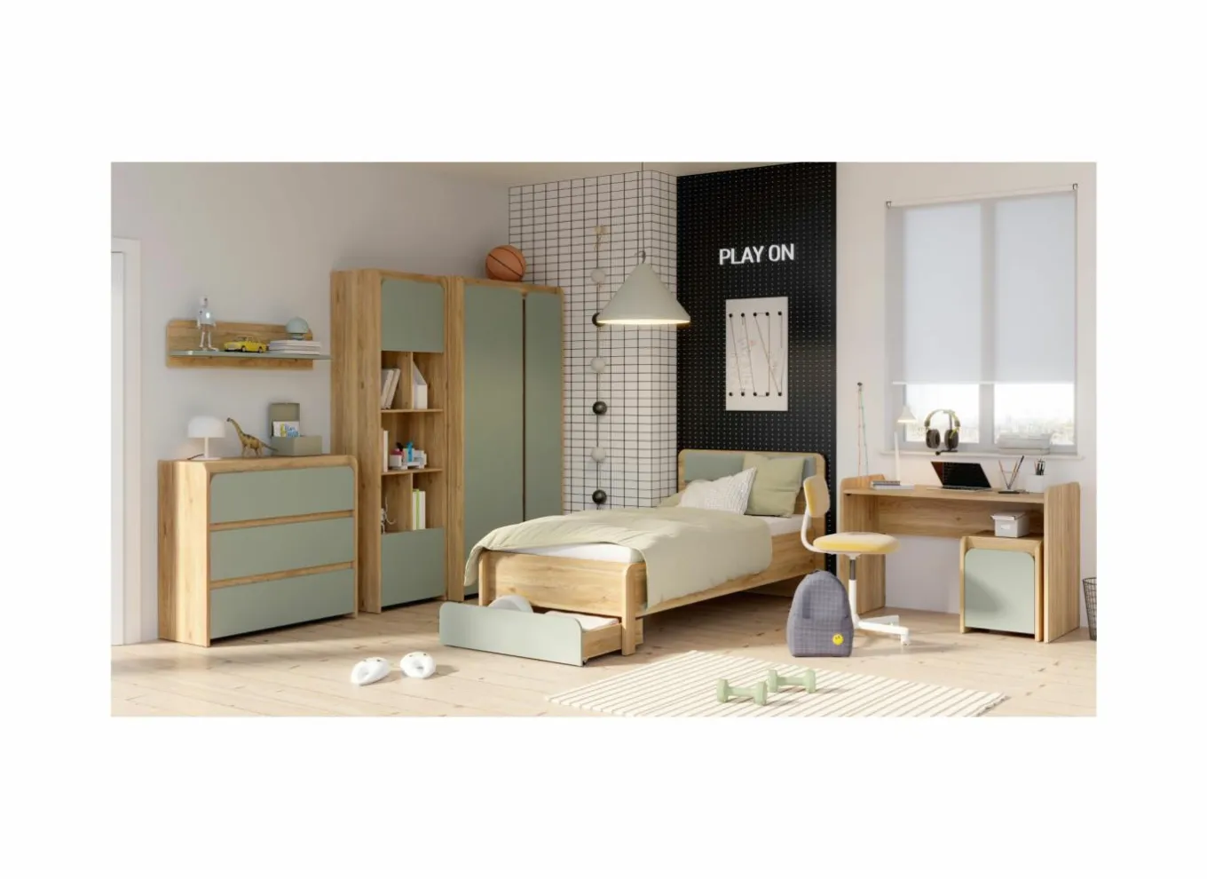 Eenpersoonsbedden|Eenpersoonsbedden|Bed Hoa 90x200cm - decor - mauvella eik & groen