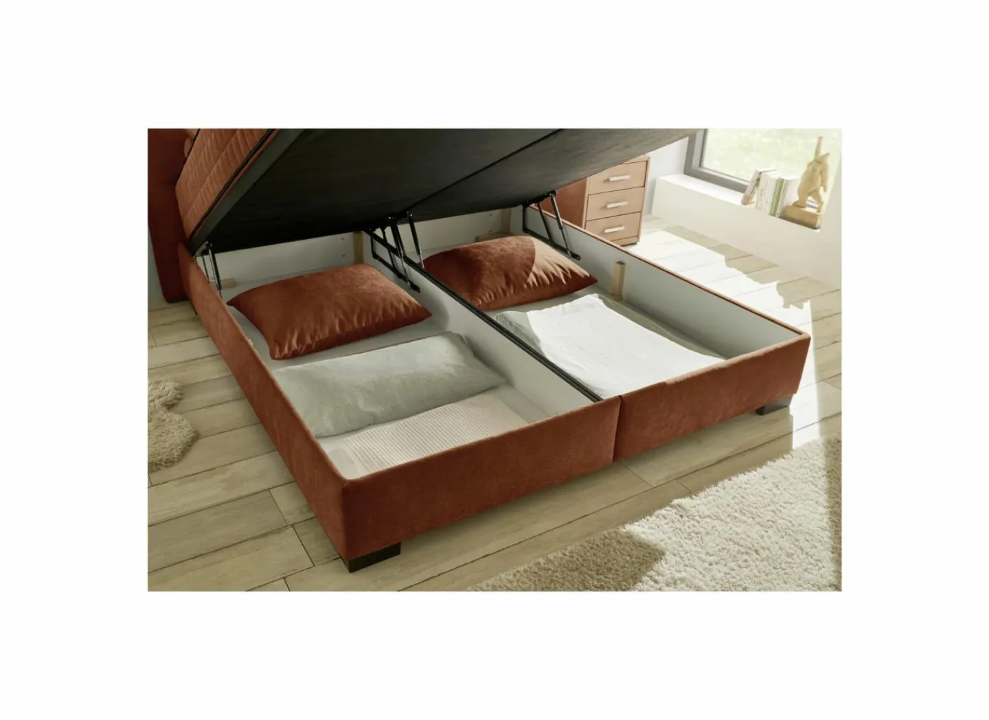 Bedbox Nagol A 160x200cm - stof - cognac met opbergruimte- Compleet Bed|Tweepersoonsbedden