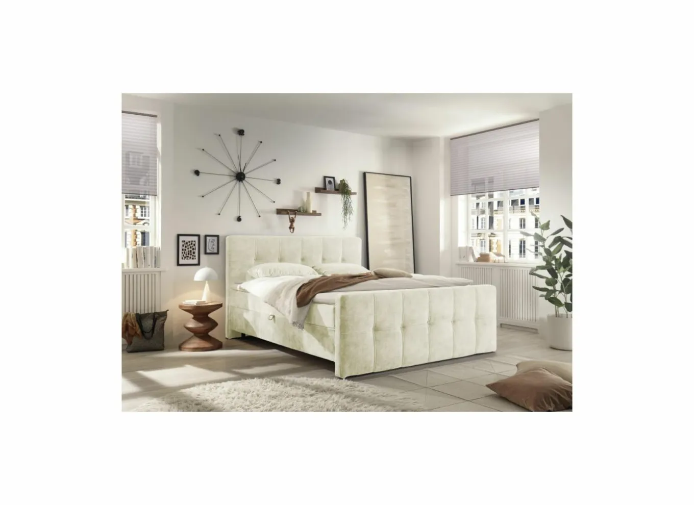 Compleet Bed|Boxsprings|Bedbox Valetta 180x200cm - stof - crème met opbergruimte