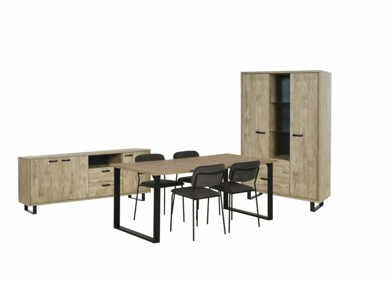 Niet Voorgemonteerd|Eetkamer Como 1 met 4 stoelen Epoca antraciet - tafel 170x95cm - dressoir 220cm - kast 120cm