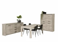 Eetkamer Elias met 4 stoelen Chuck - tafel 190x90cm - dressoir 201cm - barkast 120cm- Niet Voorgemonteerd