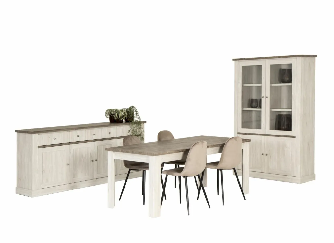 Niet Voorgemonteerd|Eetkamer Eline met 4 stoelen Charlton - tafel 190x90cm - dressoir 220cm - vitrinekast 126cm