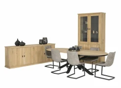 Voorgemonteerd|Eetkamer Grimaldi eik massief, met 4 stoelen Cloud - tafel 250x128cm - dressoir 240cm - vitrinekast 120cm