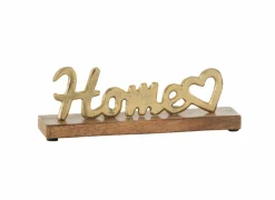 Figuur Home Hart 23x5x8cm - aluminium & hout - goud & bruin- Decoratieve Accessoires