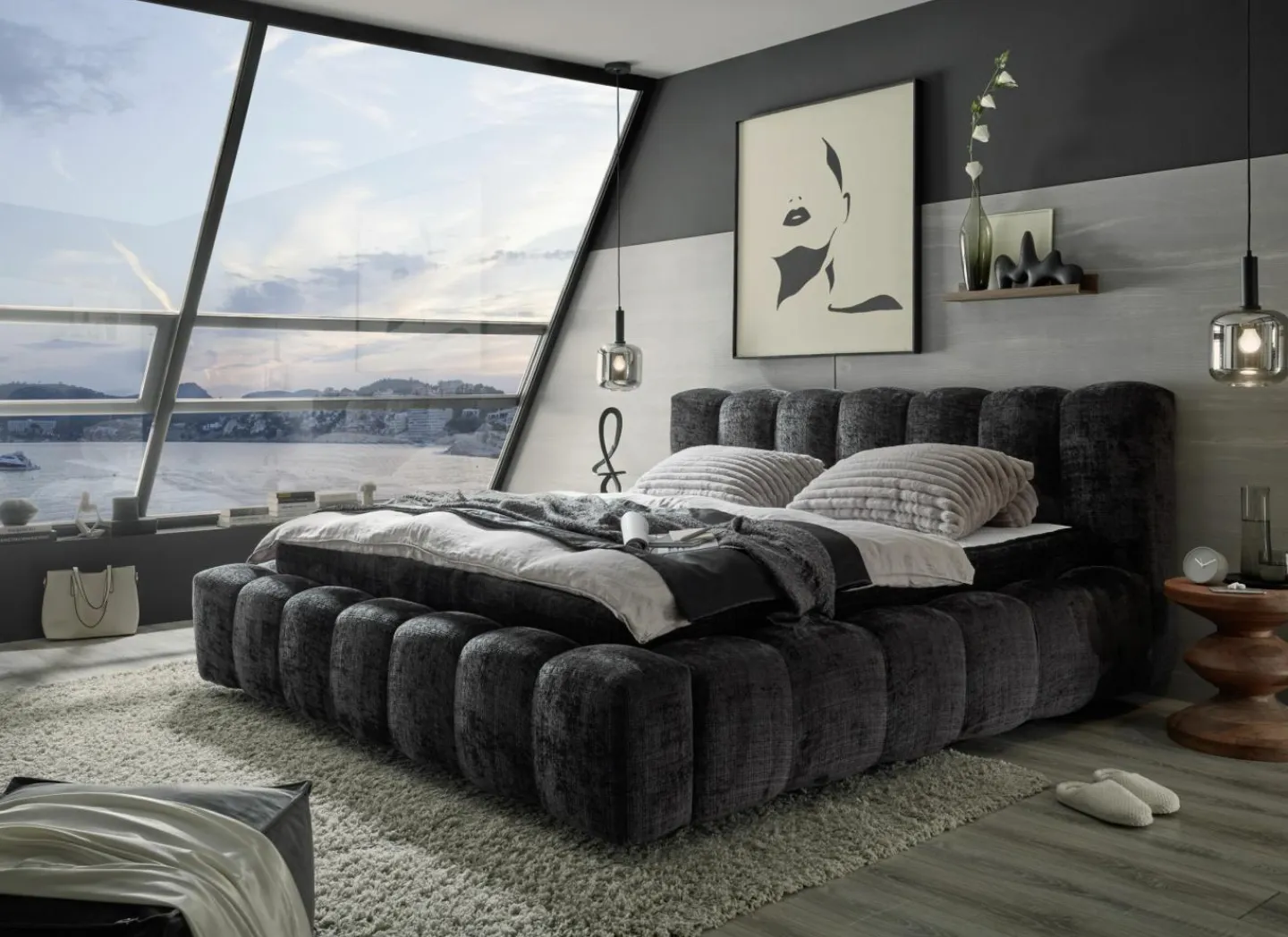 Gestoffeerd bed Bexley 160x200cm - stof - zwart inclusief bodem en matras- Compleet Bed|Tweepersoonsbedden