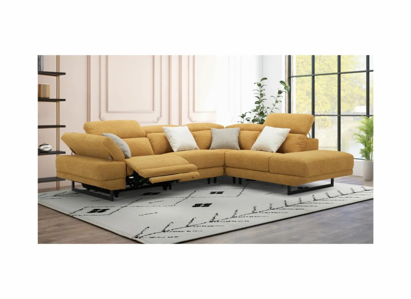 Hoeksalon Exeter 299x240cm - stof - chacha geel met relax- Hoeksalons