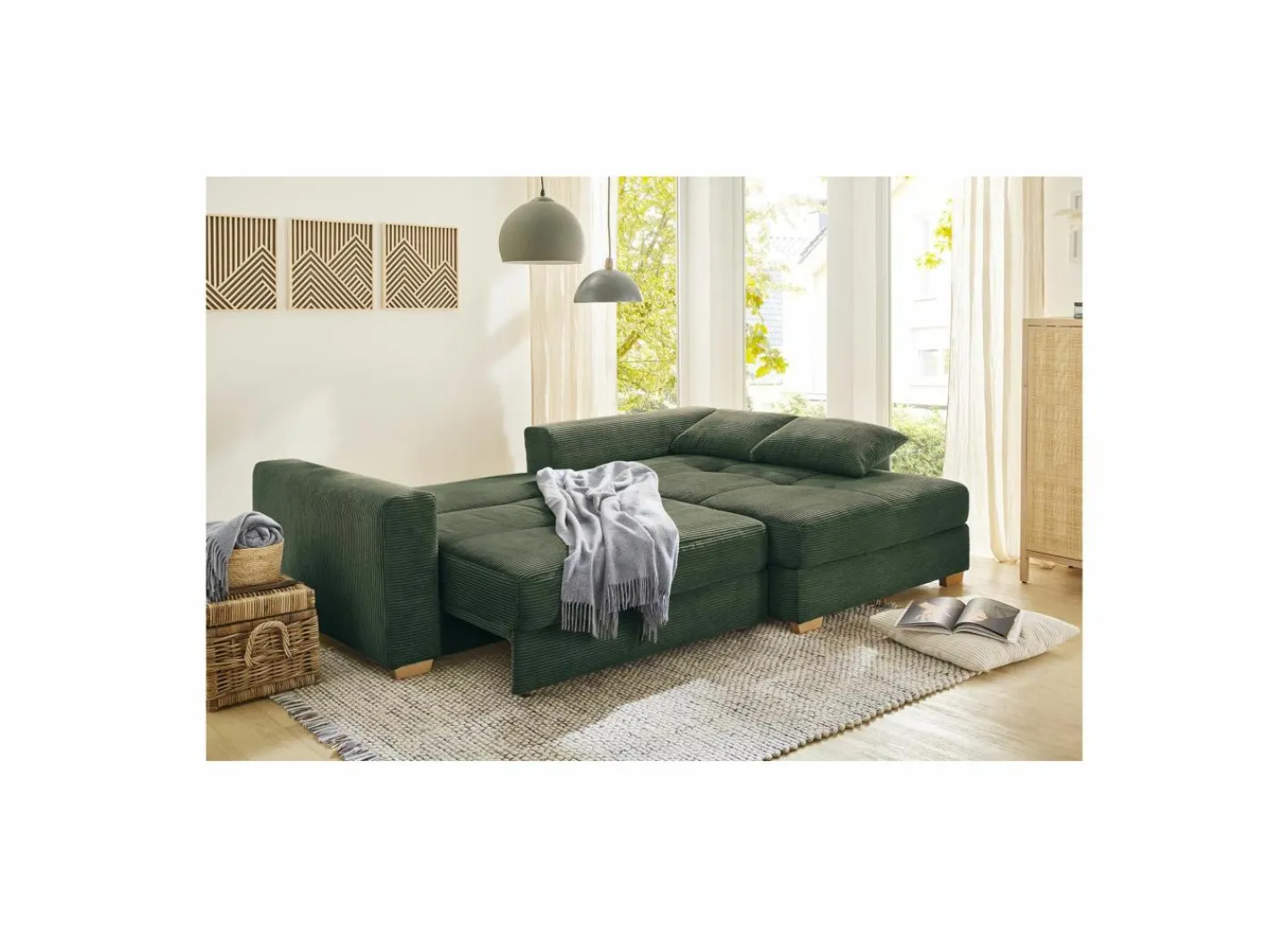 Hoeksalon Kampen 288x186cm - stof - groen met bedfunctie & opbergruimte- Zetelbedden|Hoeksalons