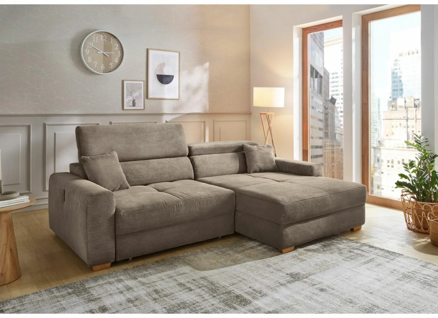 Hoeksalon Slider 279x186cm - ribcord stof - bruin met bedfunctie- Zetelbedden|Hoeksalons