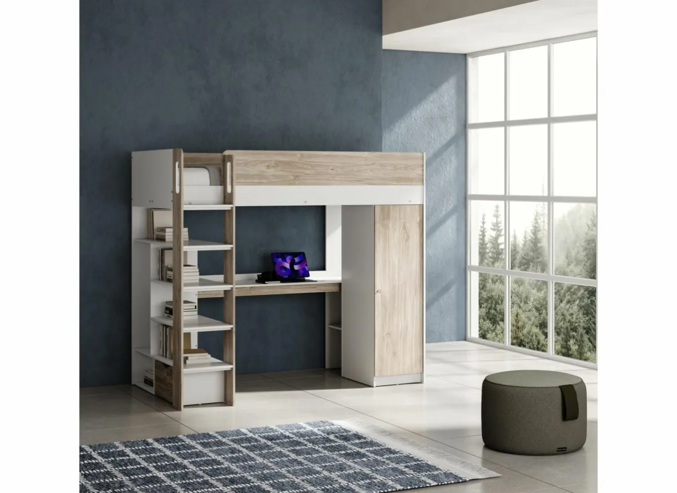 Hoogslapers|Hoogslapers|Hoogslaper Evora 90x200cm - decor - ivory oak & wit met bureau en opbergruimte