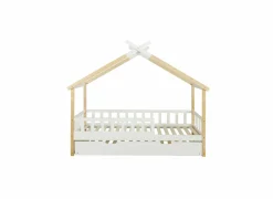 Huisbed Guinevere 90x200cm - den massief - naturel & wit met bedlade- Eenpersoonsbedden|Eenpersoonsbedden