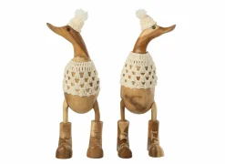 J line Kerstdecoratie Eend Crochet 2 stks 11x10x28cm - albasiahout - naturel & wit- Kerstdecoratie