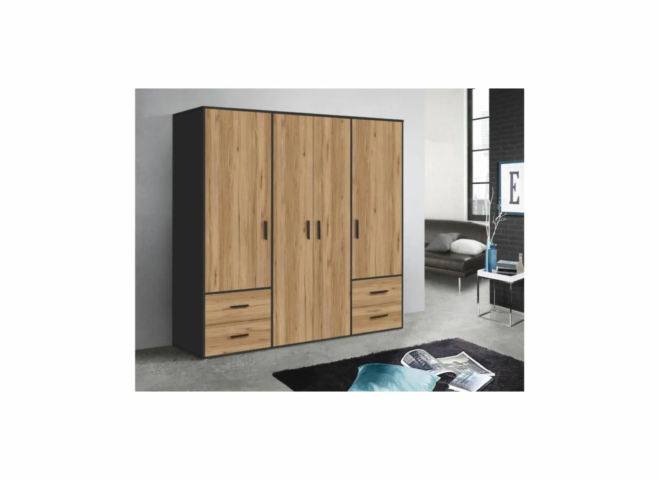 Draaideurkast|Draaideurkast|Kleerkast Mokkaro 206cm - decor - zwart & kastanje eik