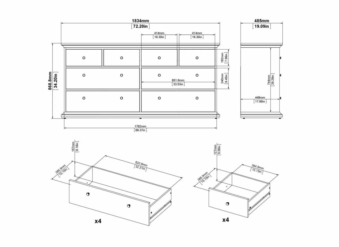 Commode|Commode|Ladekast Paris 183x49x87cm - decor - wit