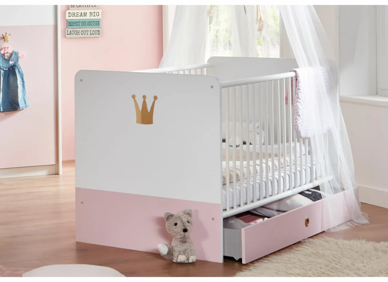 Babybedjes|Eenpersoonsbedden|Meegroeibed Cindy 70x140cm - decor - roze & wit