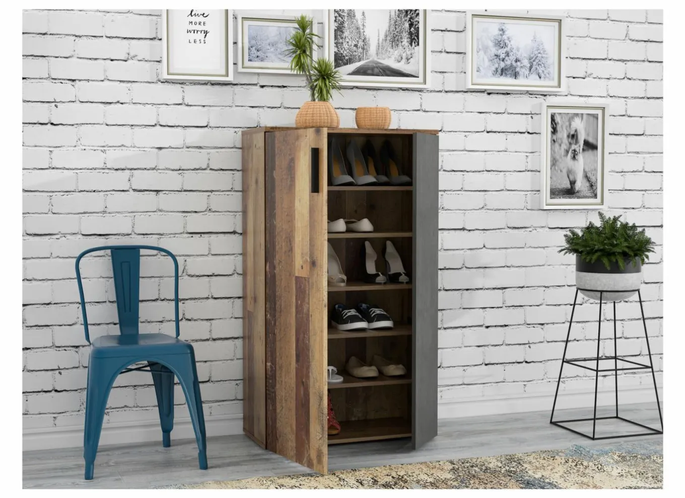 Schoenenkasten|Schoenenkast Boots 69x34x120cm - decor - old wood & donkergrijs