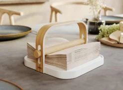 Umbra Servettenhouder Bellewood 23x20cm - kunststof & hout massief - wit & naturel- Servettenhouders