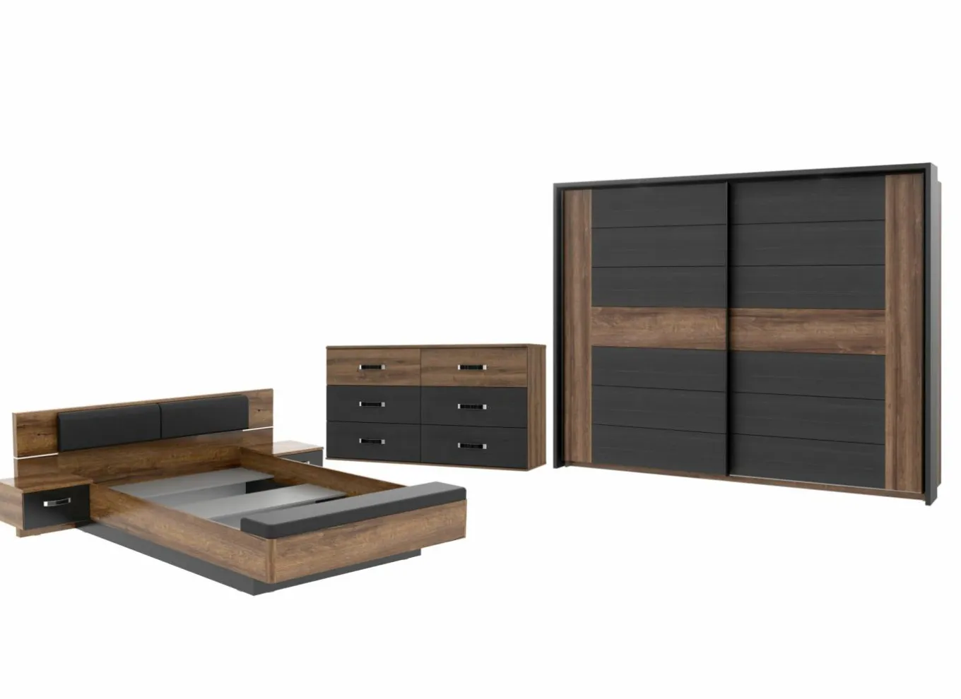 Complete Slaapkamers|Slaapkamer Dolce met bed 160x200cm - kleerkast 281cm - commode 120cm