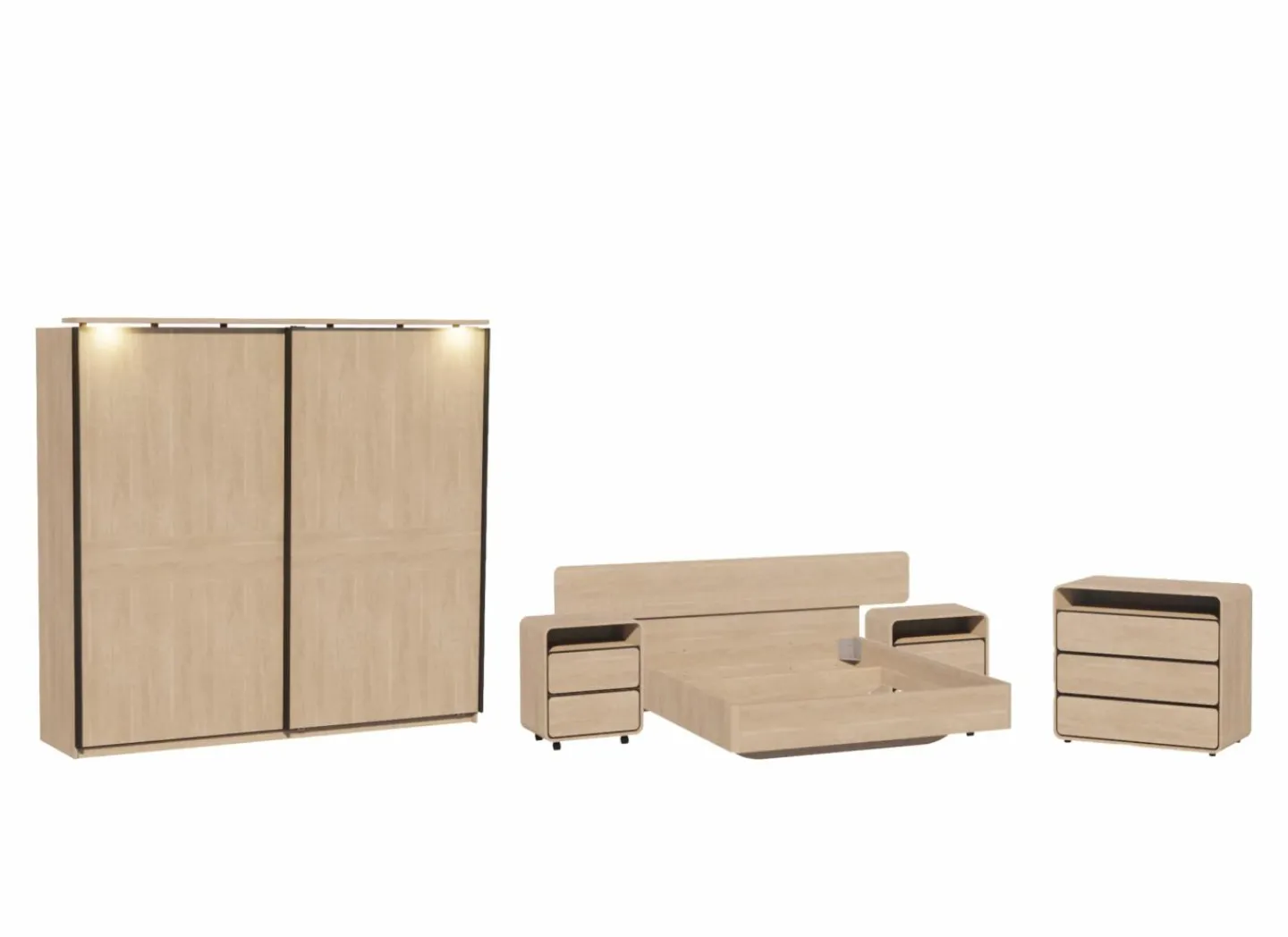 Slaapkamer met bed 180x200cm - kleerkast 242cm - commode 97cm en 2 nachtkastjes- Complete Slaapkamers