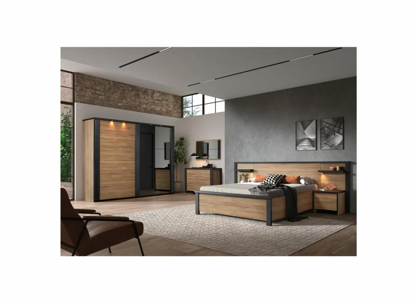 Complete Slaapkamers|Slaapkamer Phaedra met bed 140x200cm - kleerkast 217cm - commode 120cm en 2 nachtkastjes